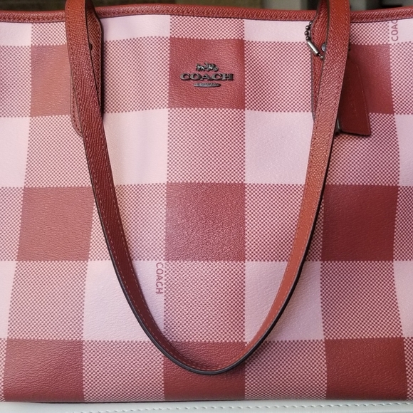 Coach plaid tote(buffalo plaid, red and rose) NWOT - Picture 3 of 15